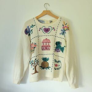 Vintage Northern Isles Hand Embroidered Knit Sweater Cream M